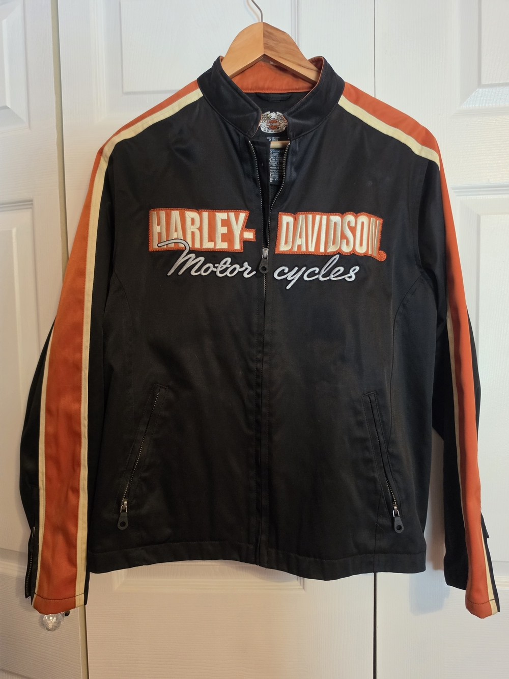 Harley-Davidson Black Jacket with Orange and Cream Racing Stripes